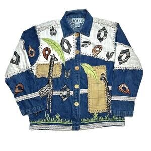 Keren Hart Giraffe Safari Patchwork Denim Jacket Multicolor Women's Small Y2K
